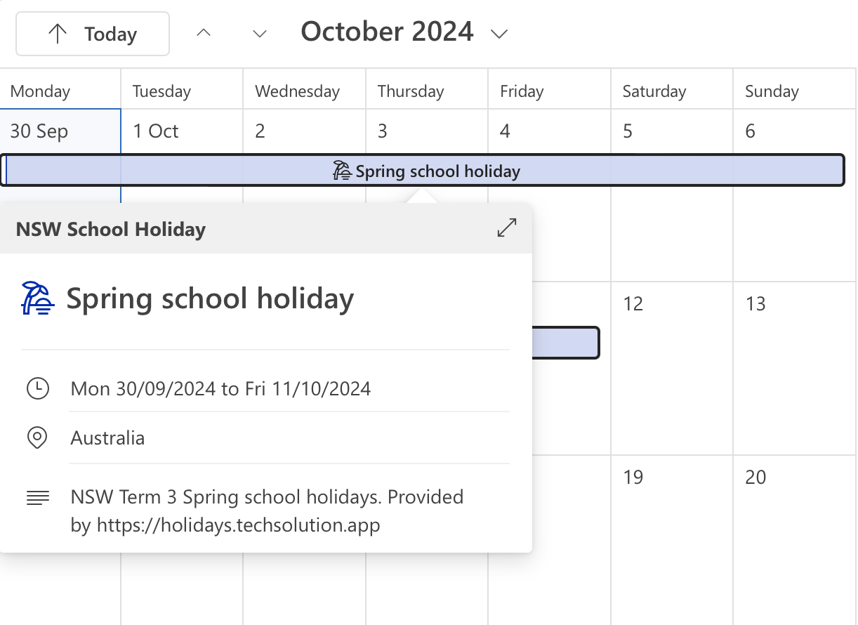The school holidays show in your calendar automatically